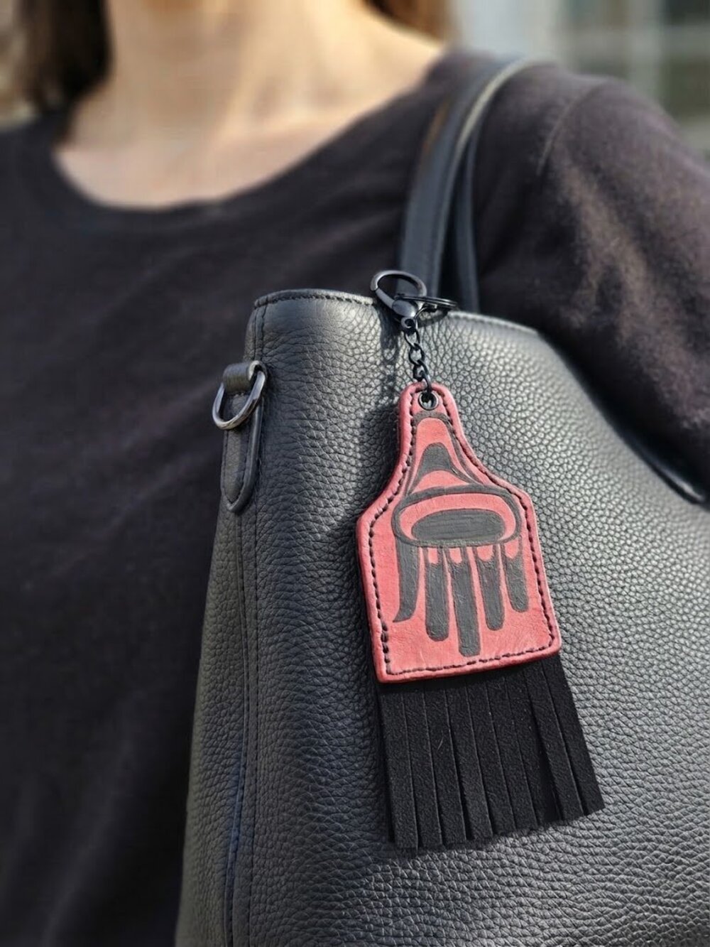 Black and Red Fringe Deer Leather Keychain with First Nations Design